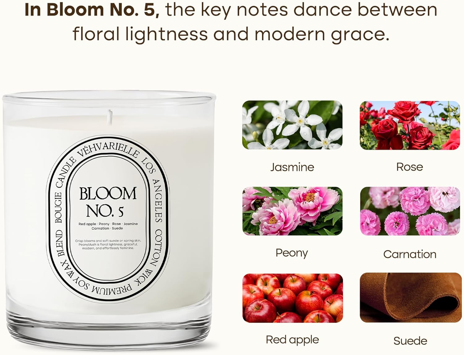 Bloom No. 5 Luxury Scented Candle | Hand-Poured Soy Wax Blend | Premium Glass Jar Candle for Gift, Home, Men & Women | Clean, Long 40-Hour Burn | Apple, Peony & Jasmine with Soft Suede Floral Notes
