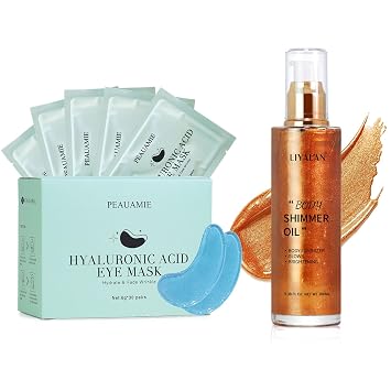 PEAUAMIE Hyaluronic Acid Eye Mask for Dark Circles and Eye Bags & Shimmer Body Oil Face Glow Pearl Highlighter Body Makeup Shine Glitter