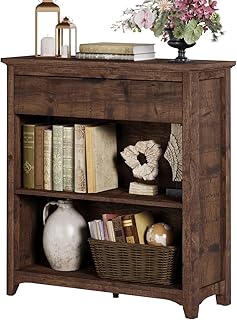 BON AUGURE Rustic Bookshelf Bookcase, Wood Book Shelf with Drawer, 3 Tier Book case for Small Space, Low Book case for Living Room, Home Office, Bedroom (Rustic Oak)