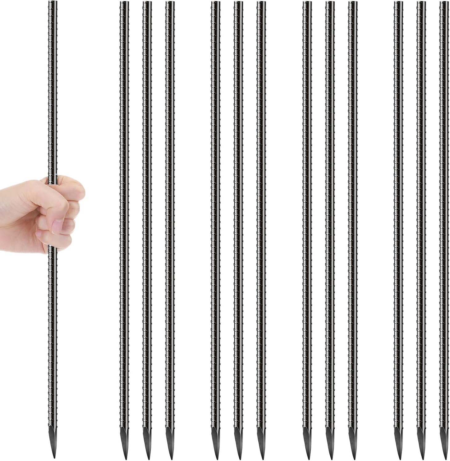 Jetec 12 Pcs 36 Inch Black Ground Rebar Stakes Heavy Duty Ground Anchors Steel Plant Support Garden Stake Long Straight Metal Spikes with Chisel Point End for Garden Concrete Plant Tent