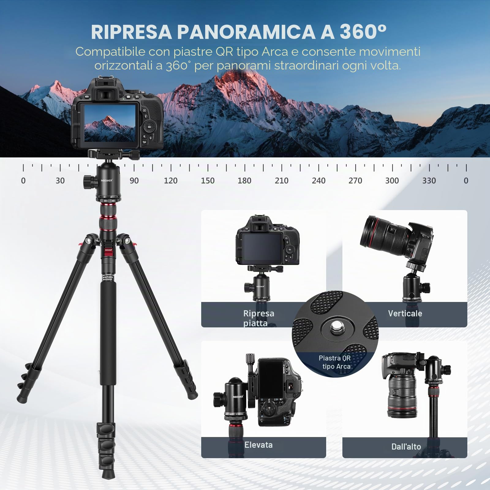 NEEWER 77'' Treppiede Fotocamera, Treppiede Monopiede Pieghevole Alluminio DSLR, Telefono con Testa a Sfera Panoramica 360°, Colonna Centrale a 2 Assi, Piastra Arca QR e Borsa, Carico Max 34lb, TP77