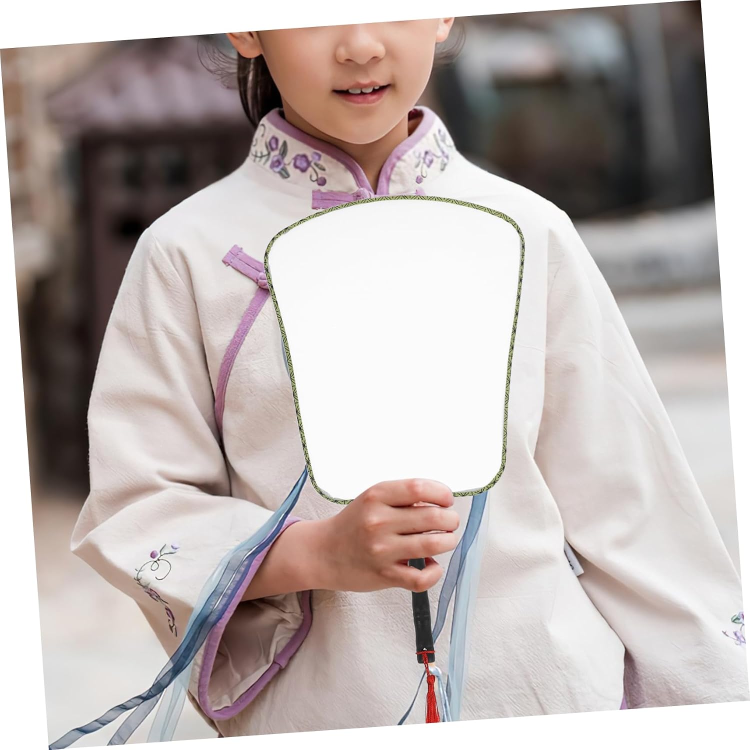 2pcs White Handheld Fabric Fan with Wooden Handle for Kids DIY Painting