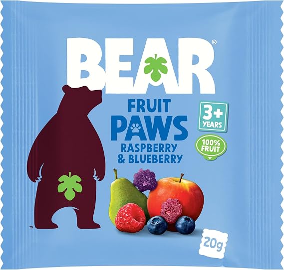 BEAR Fruit Paws Raspberry & Blueberry (Pack of 18) – 100% Fruit, No Added Sugar, Ideal lunchbox snack for kids or On‑the‑Go