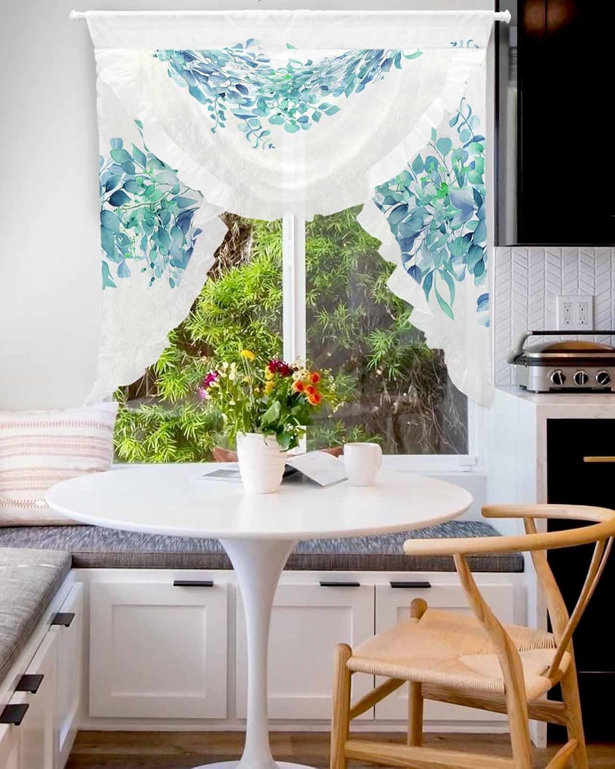 Waterfall Sheer Curtains Valance for Windows, Teal Eucalyptus Leaves Swag Valances for Living Room, Spring Plant Leaf Rod Pocket Voile Ruffle Waterfall Scarf Valance for Bedroom, 39.4x41.3 Inch