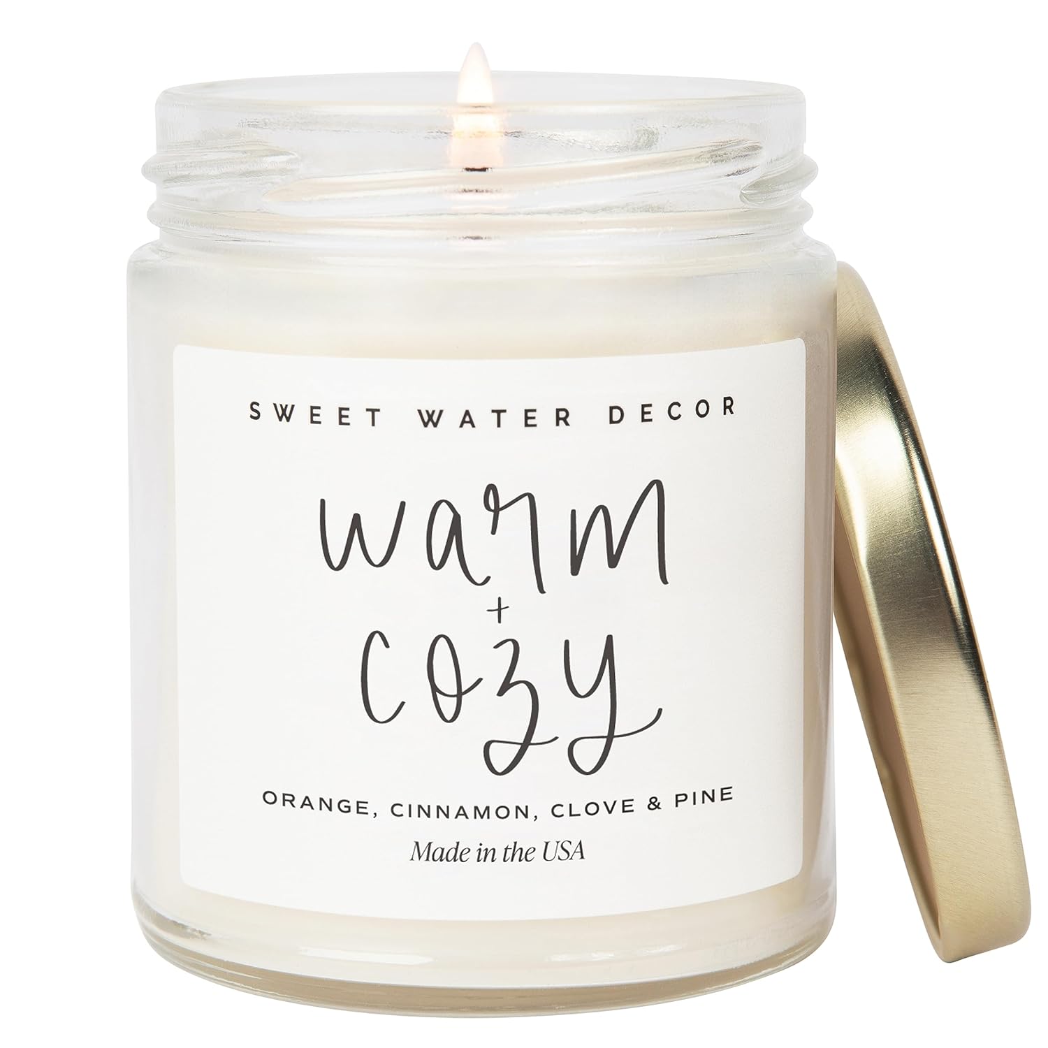 Sweet Water Decor Warm and Cozy Candle - Pine Cinnamon & Fir Winter Scented Orange Candle - Scented Soy Candles for Home with 40 Hour Burn Time - 9oz Clear Jar Winter Candle Made in the USA detailed view