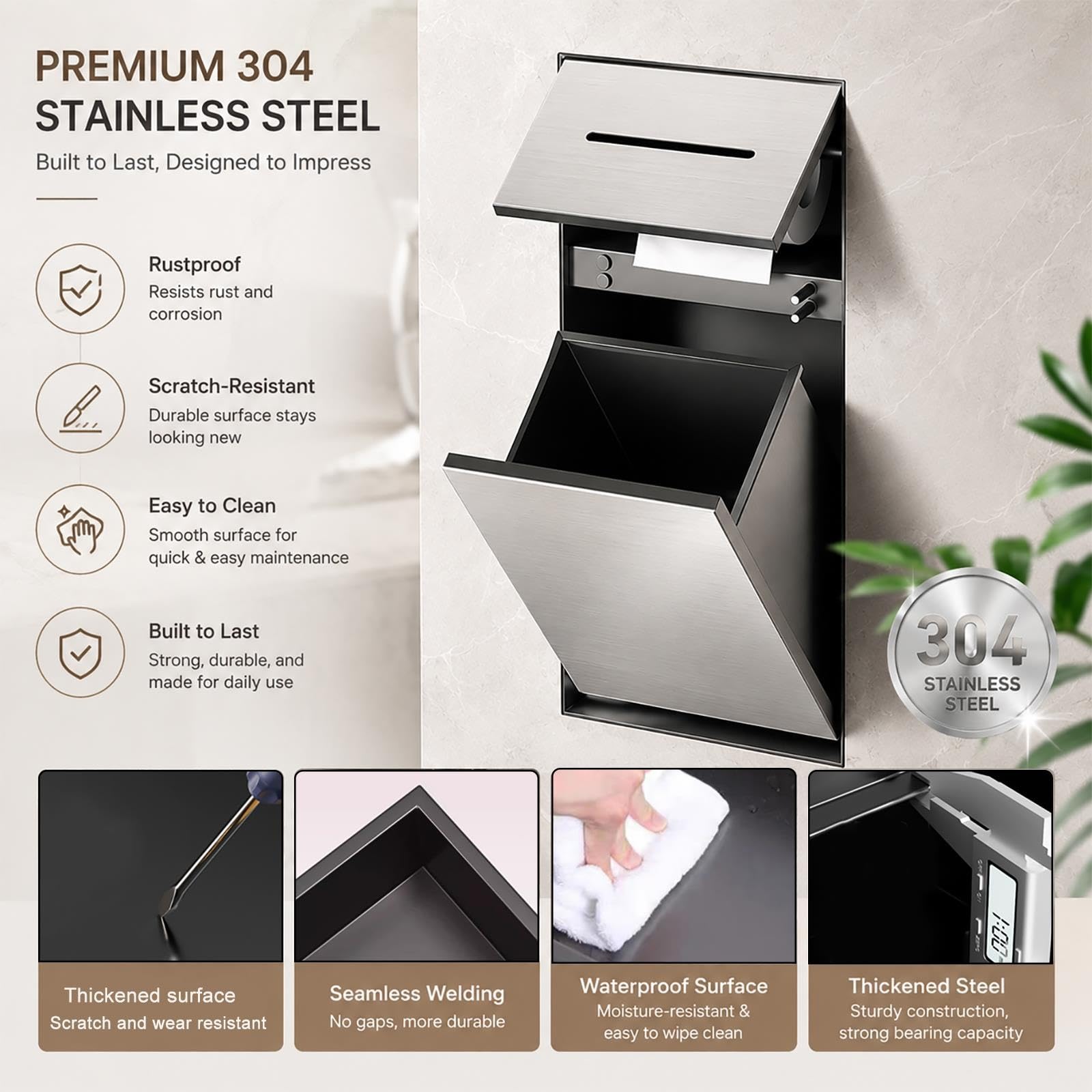 Nicho de Pared Empotrado Portarrollos, Papelera Oculta, Acero INOX 1mm