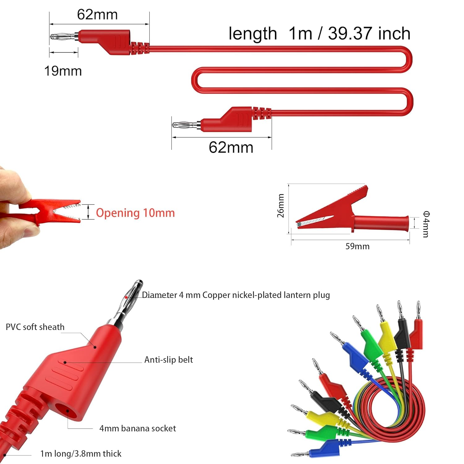 5pcs 4mm Stackable Banana to Banana Plug Test Cable Lead Set,10pcs 4mm Socket Banana Jack Copper Alligator Clips, for Multimeter Leads, Electrical Test Leads 1000V/ Max 19A