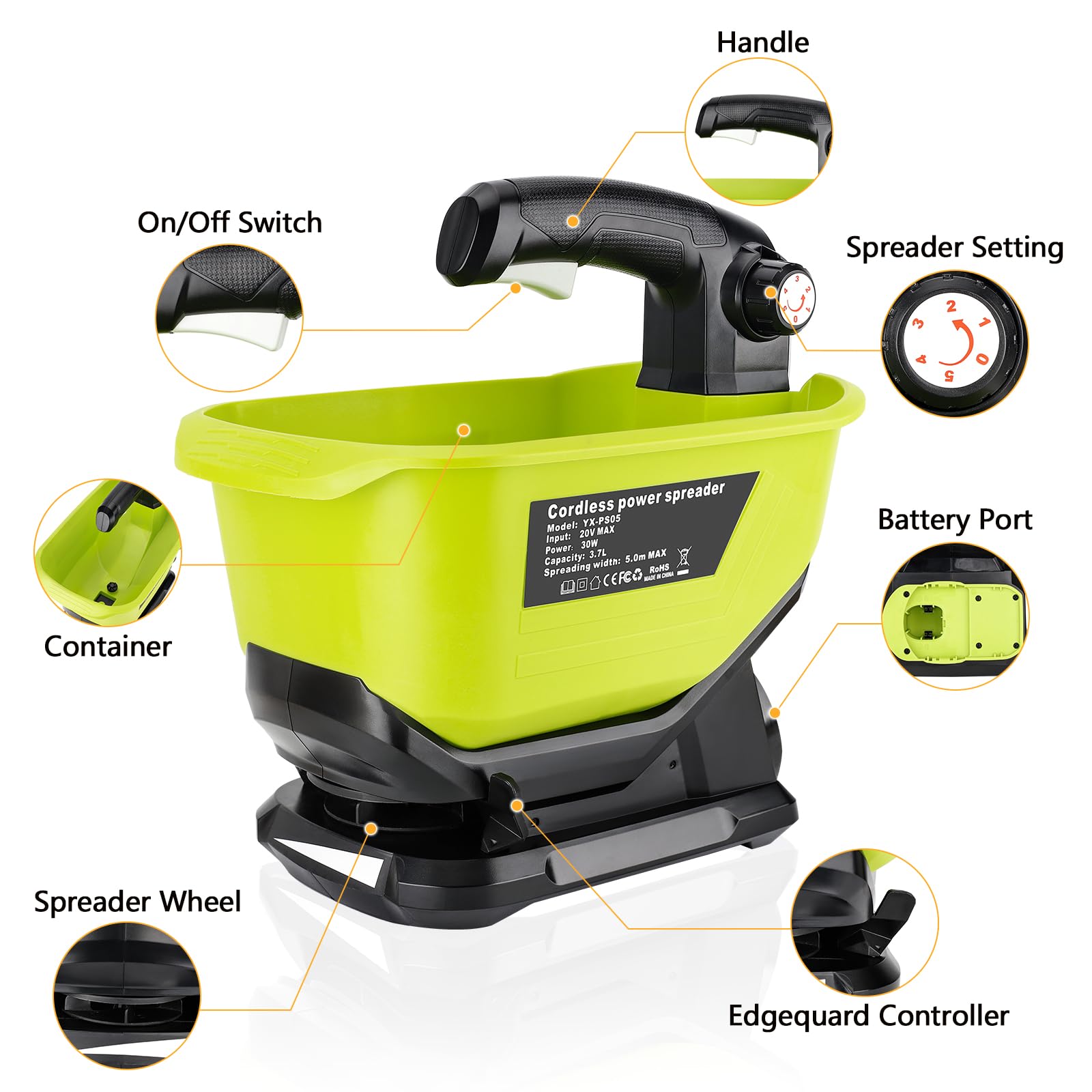 Salzstreuer für Ryobi 18V One+ Akku, Samenstreuer Handdüngerstreuer Kraftstreuer ganzjährig erhältlich, Grassamen, Steinsalz (nur Werkzeug)