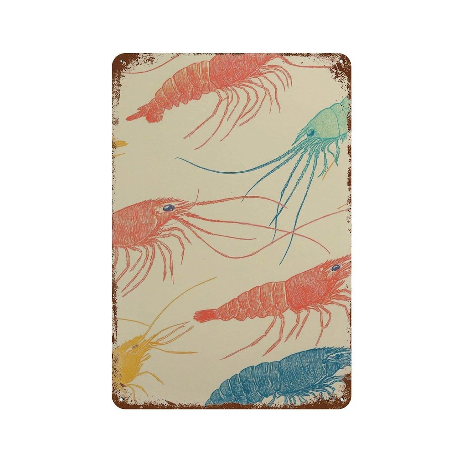 xiaoxiaoshen Shrimp Coastal Kitchen Nautical Seafood Colorful Lobster Ocean Marine Work Beach Wall Decor Art Metal Tin Poster Modern Home Decor Art Home Bar Shop Decorations Vintage Sign 30x20cm