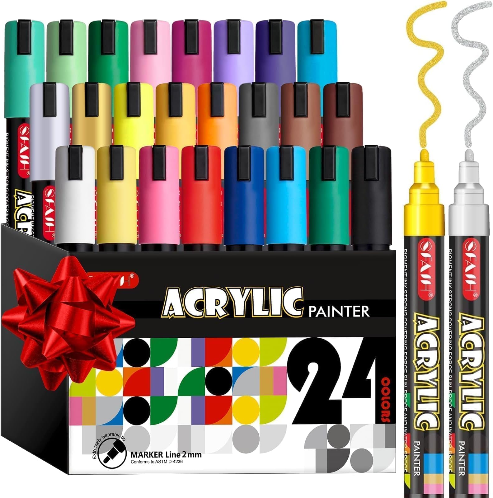 SFAIH Acrylic Paint Markers Paint Pens - 24 Pack Fine Tip Permanent Paint Markers for Metal Rocks Canvas Wood Plastic, Acrylic Paint Pen Set for Adults Kids