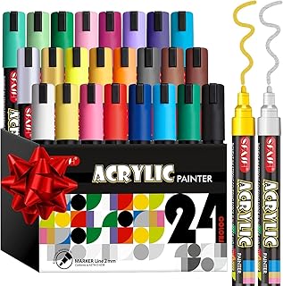 Acrylic Creative Markers - 3mm Replaceable Nibs 24 Colors, Large Ink Capacity, Ultra-High Coverage, Non-Bleeding Water-Based Ink, Drawing Markers for Art Supplies, Wood, Fabric, Rock Painting