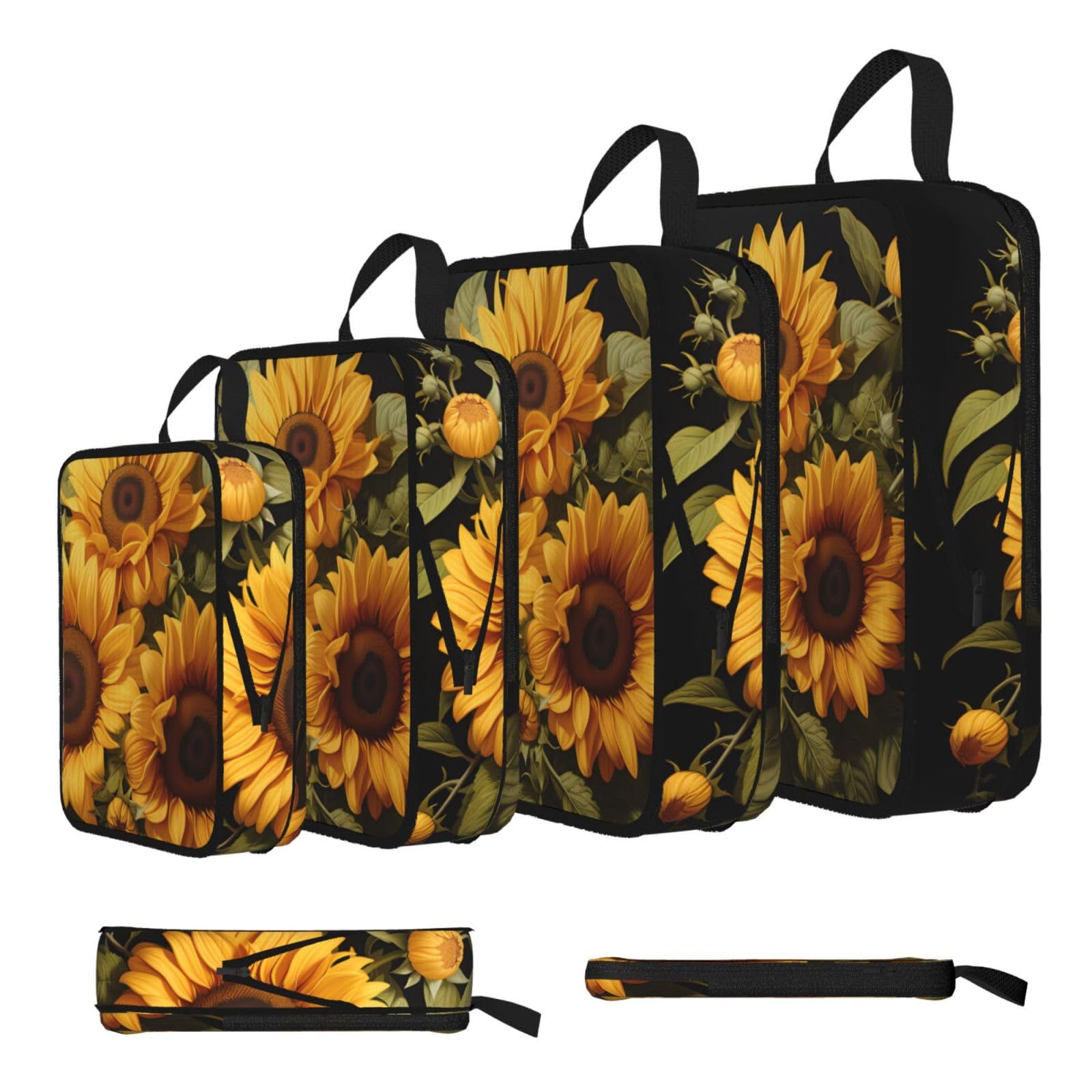 Sxzvvbn Black With The Yellow Sunflower Compression Packing Cubes 4 Piece Set