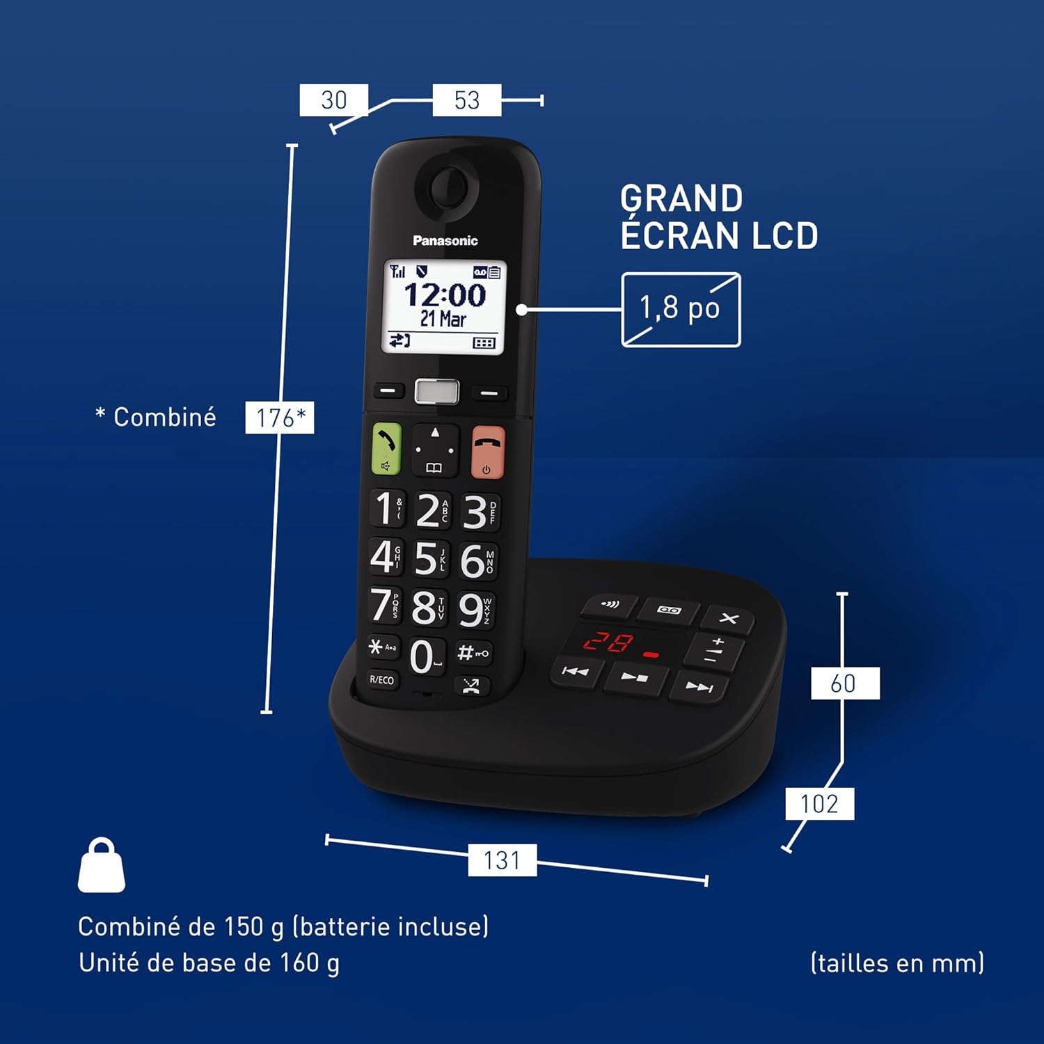 Diagram showing dimensions of the Panasonic KX-TGU130EXB handset and base unit