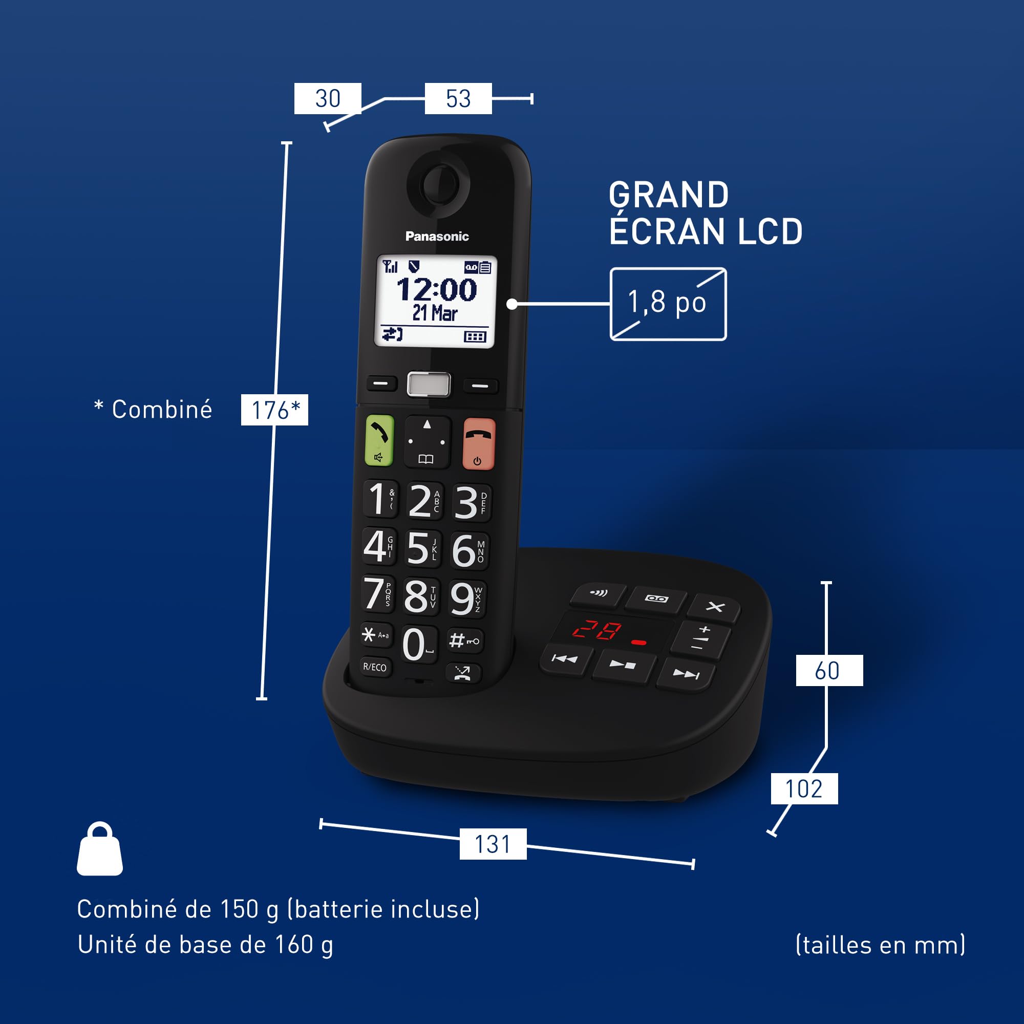 Panasonic KX-TGU130EXB Téléphone Numérique sans Fil avec Répondeur, Unité de Base et 1 Combiné, Écran LCD, Grosses Touches, Appel Favori, Compatible avec Les Appareils Auditifs, Noir