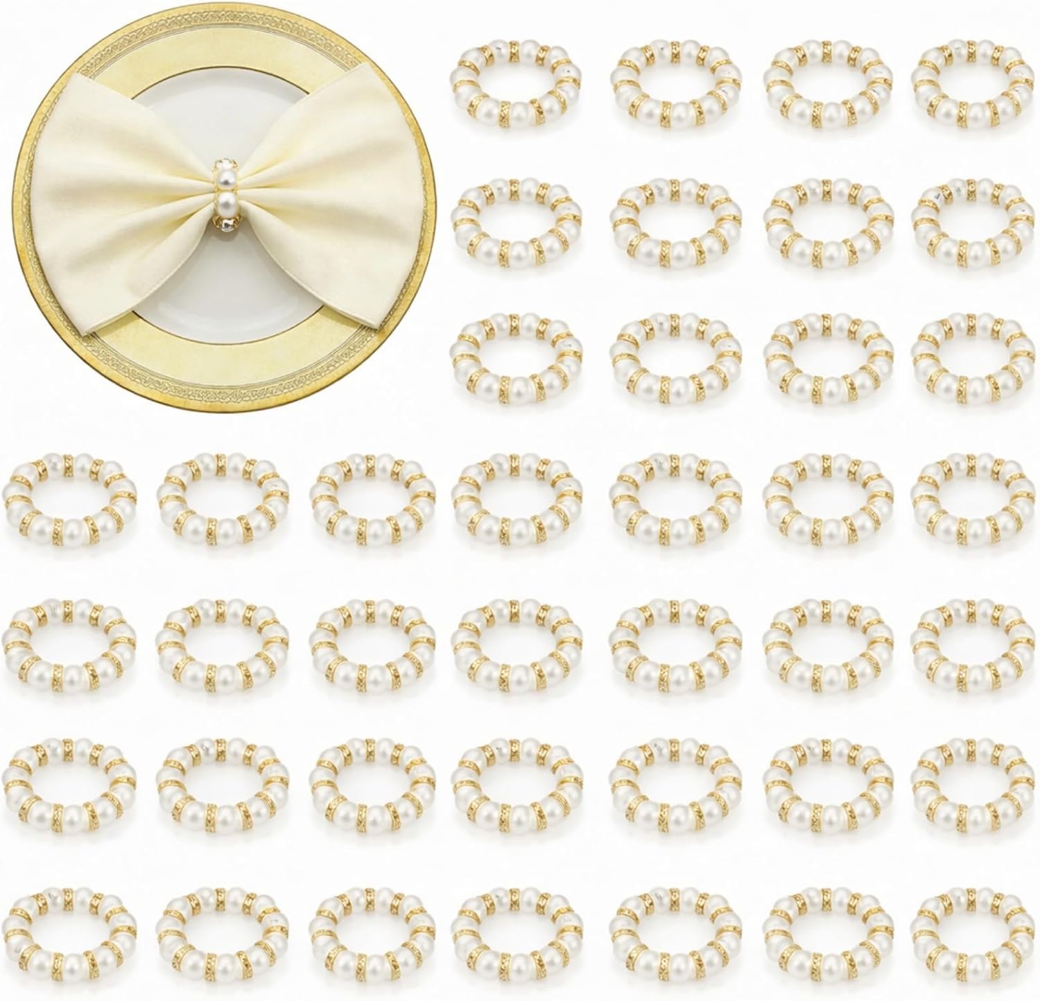 Tanlade 150 Pcs Wedding Pearl Napkin Rings Imitation Pearl Beaded Napkin Rings Holder Silver White and Gold Elastic Dinner Table Decor Rhinestone Serviette Rings for Table Party Decorations