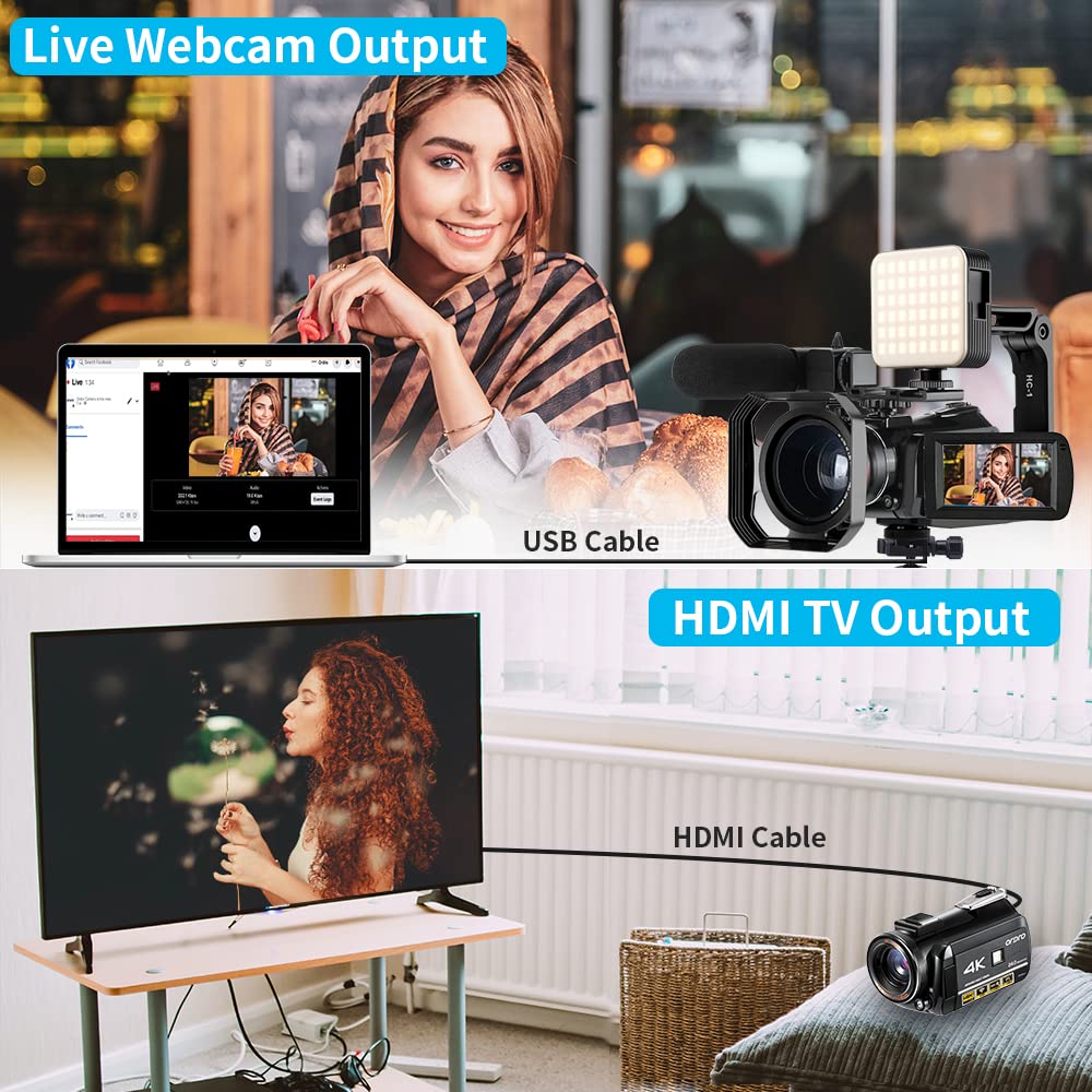 ORDRO Caméra Vidéo 4K Caméscope Full HD 1080P 60FPS Vlogging Caméra pour Youtube Zoom Numérique 30X Écran IPS 3,0" avec Microphone, Lumière LED, Support de Caméra et étui de Transport