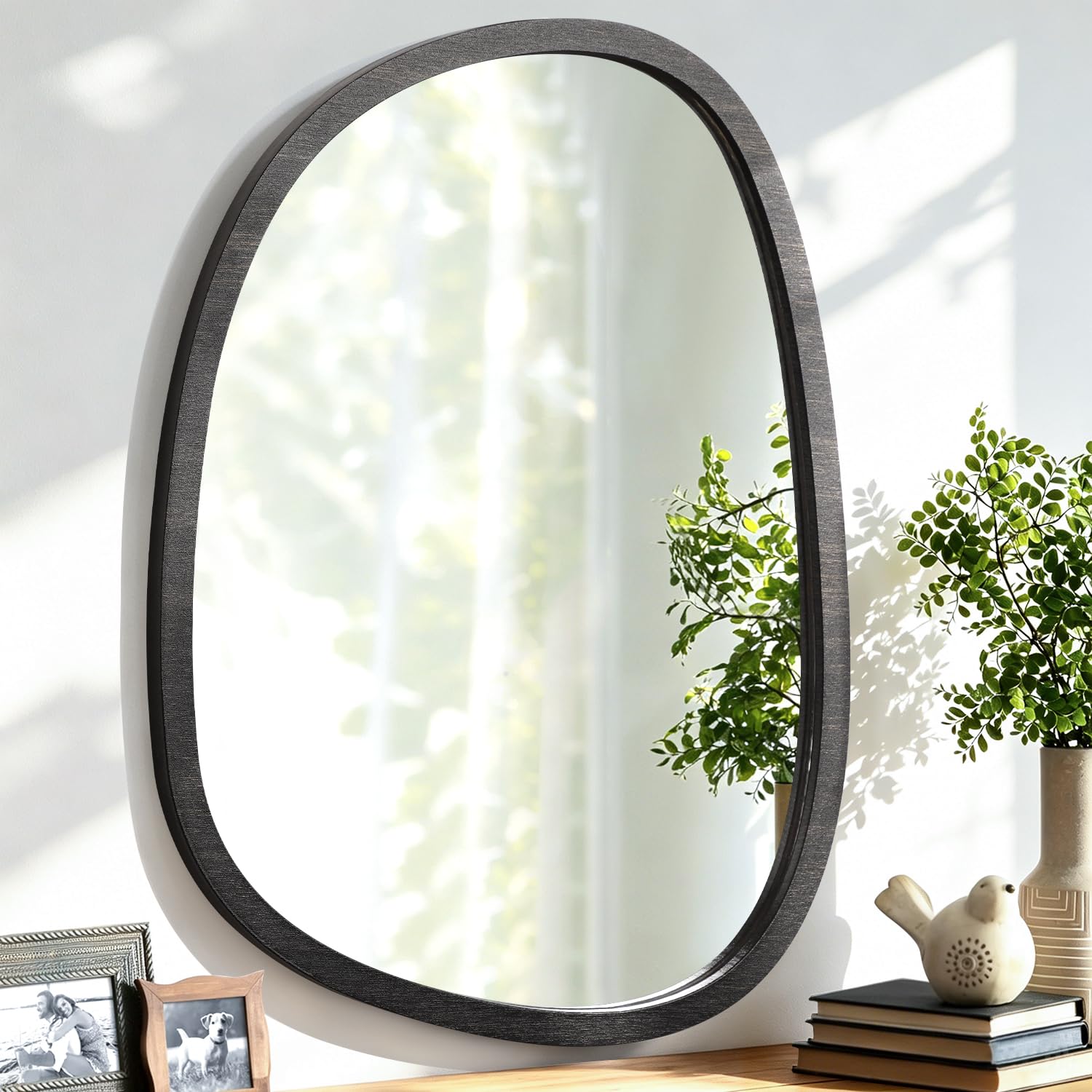 Lzuso Irregular Mirror with Wood Frame Asymmetrical Oval Mirrors for Wall Modern Unique Hanging Artistic Decorative Mirror for Bedroom Bathroom Living Room Entryway Hallways