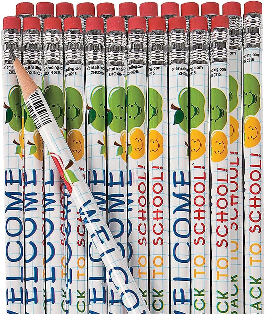 Fun Express Welcome Back To School Pencils Bulk 24 Pack - Fun for Kids Classroom Supplies | Woodcase Lead Pencils for Student Gifts & Rewards | Perfect for Teachers Elementary School Store Items