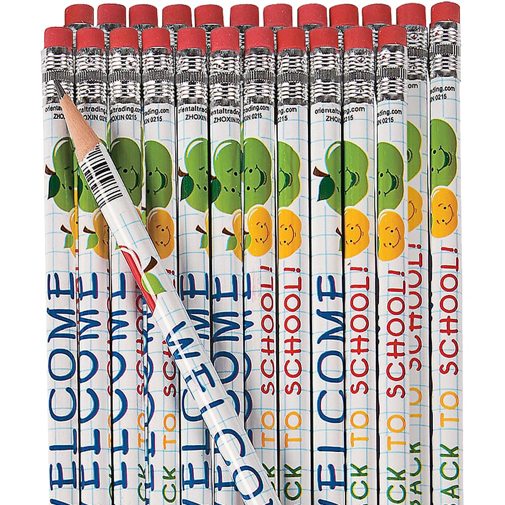 Fun Express Welcome Back To School Pencils Bulk 24 Pack - Fun for Kids Classroom Supplies | Woodcase Lead Pencils for Student Gifts & Rewards | Perfect for Teachers Elementary School Store Items