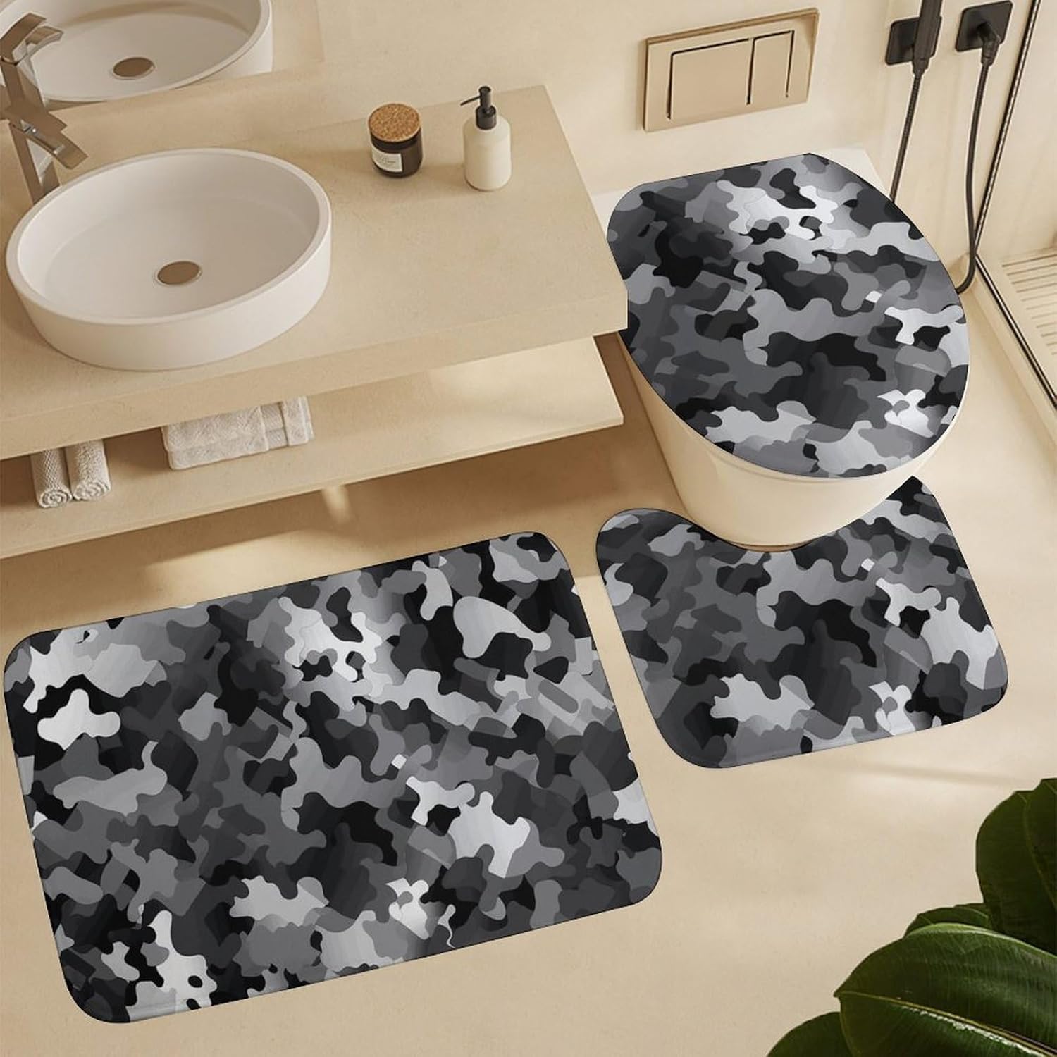 Black White Gray Camouflage Shower Curtain Set 4 Piece, Non-Slip Bath Mat with Toilet Lid Cover and Waterproof Shower Curtain with 12 Hooks, Complete Bathroom Set for Home Decor