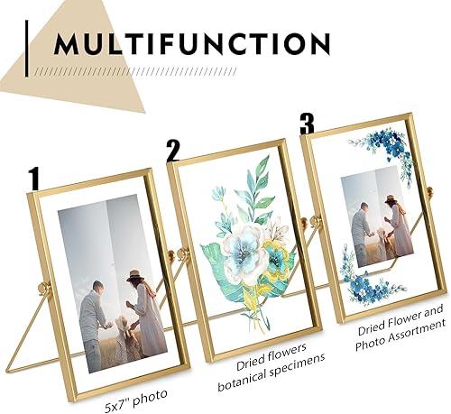Miniatura 4 de Juego de 3 marcos de fotos flotantes, marco de fotos dorado de 5 x 7 pulgadas, marco de fotos de metal para escritorio con vidrio para múltiples