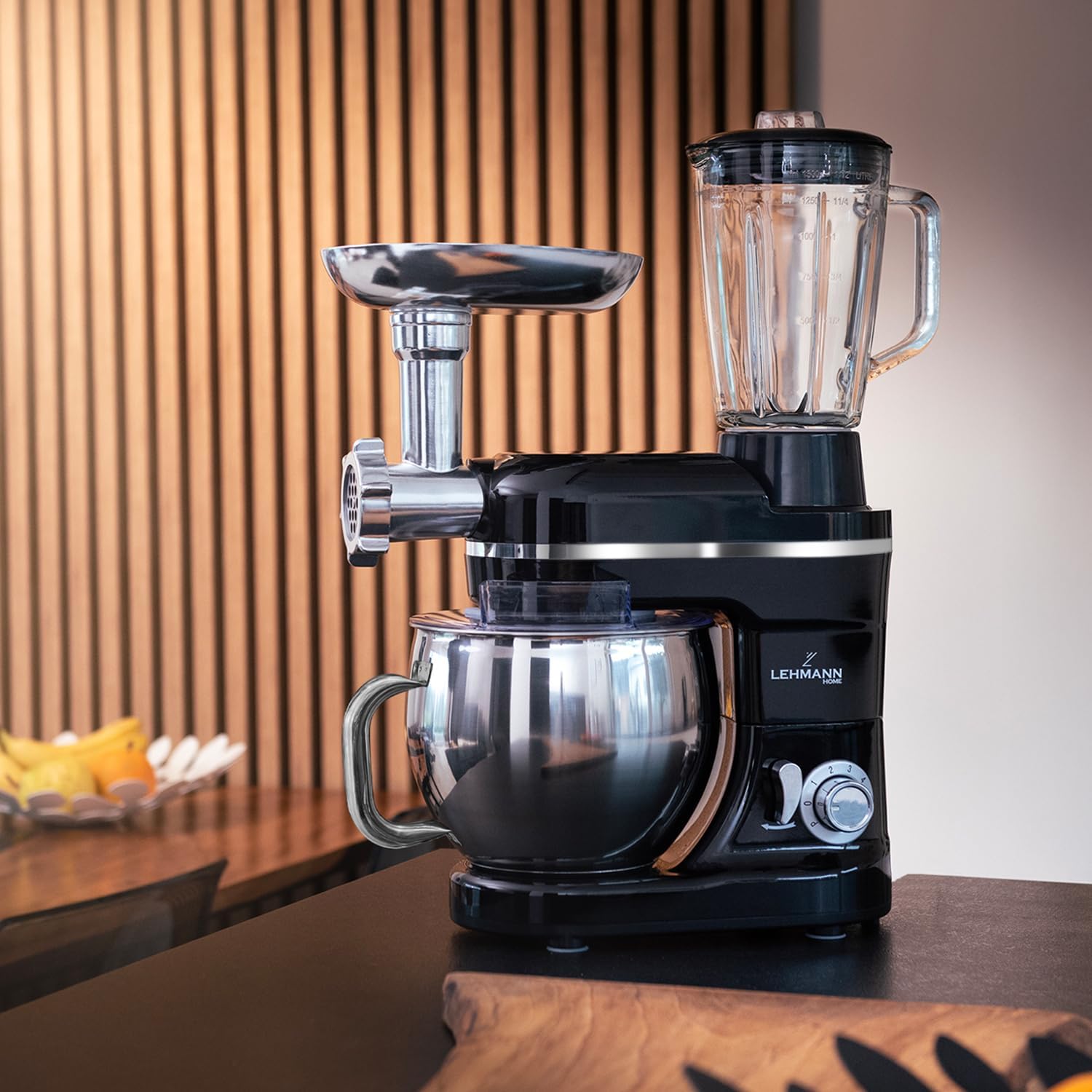 Lehmann Kitchen Robot in use, showing the splash guard preventing spills