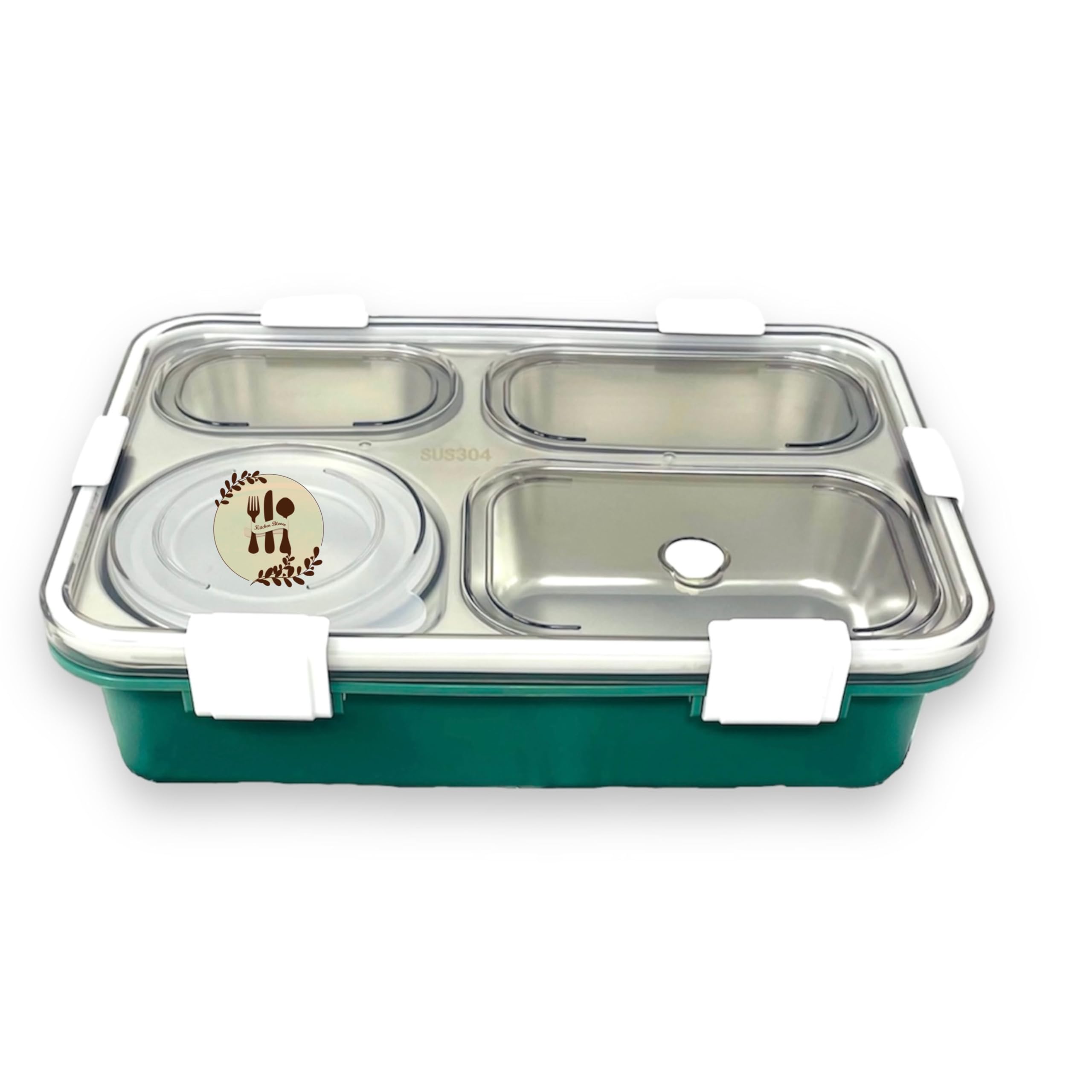 Kitchen Bloom Stainless Steel Lunch Box 4 Compartment with Steel Cutlery, Heating Insulation | Lunch Boxes for offie Men | Lunch Box for Office Women & Kids | Tiffin Box (900ml) (Dark Green)