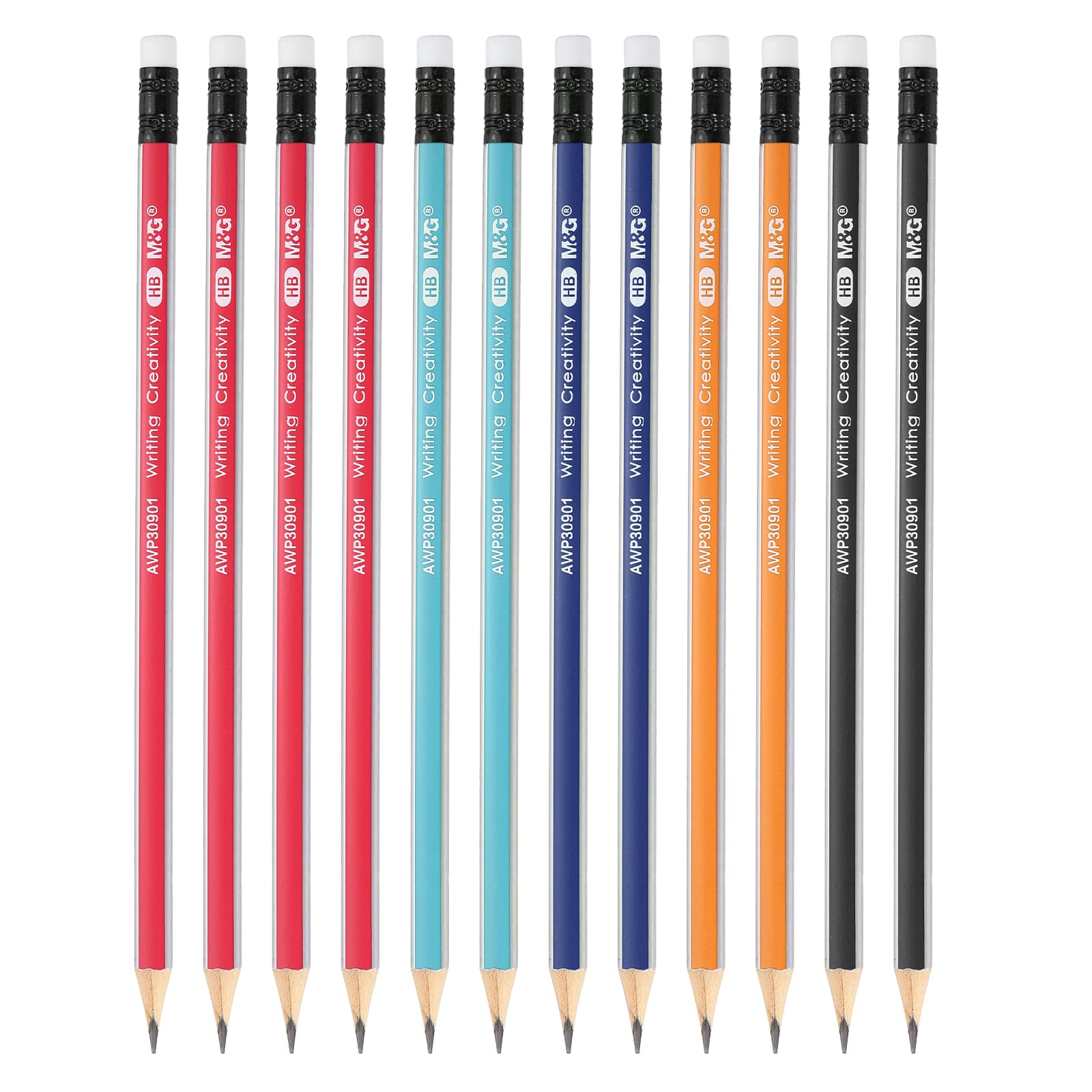 M&G Wooden Hexagonal Pencils, 12 Pcs HB Pencils Graphite Round Pencils with Eraser for Classroom Teacher Office Supplies 5 Colors
