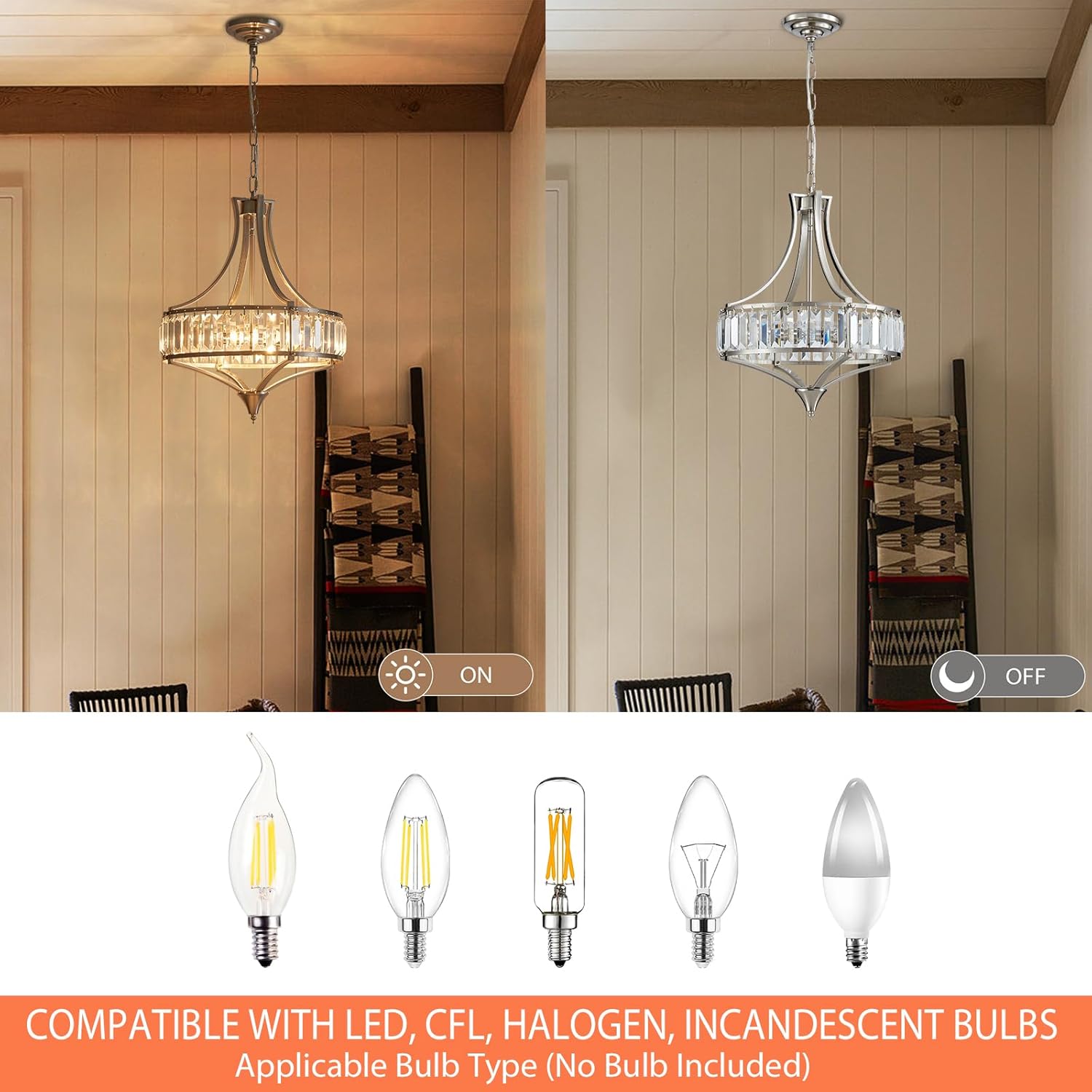 Crystal Chandeliers for Dining Room, Round Rustic Farmhouse Chandelier, Metal Shade, 4-Light Modern Brushed Nickel Chandelier for Hallway, Bedroom, Foyer