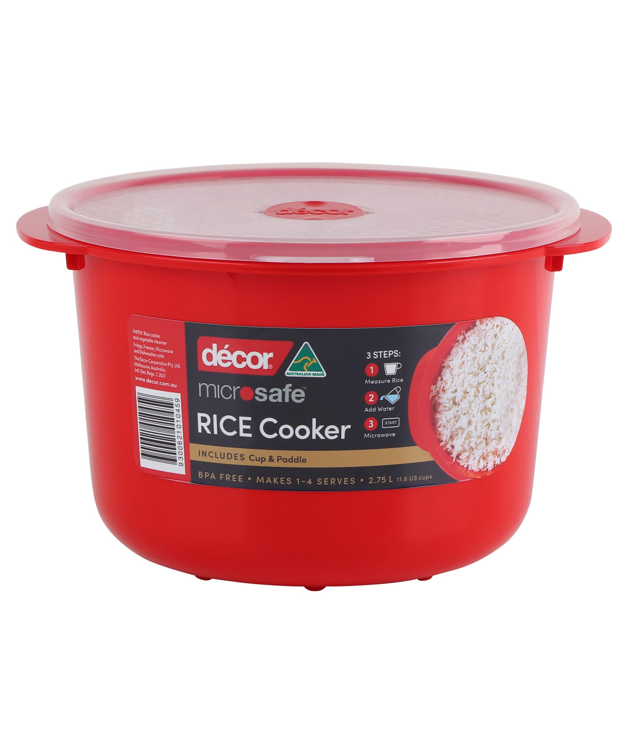 Décor 148700-003 Microsafe Rice & Vegetable Steamer 2.75L | BPA Free |Microwave Container| Steam Release Vent| Dishwasher Safe, Red