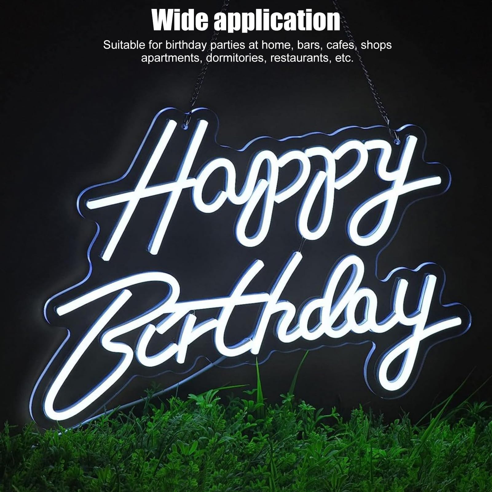 Happy Birthday LED Sign | USB Operated Acrylic Neon Illumination for Wall | Party Decorations for Home/Bar/Restaurant | 40x31cm with Hanging Chain (Cool White)
