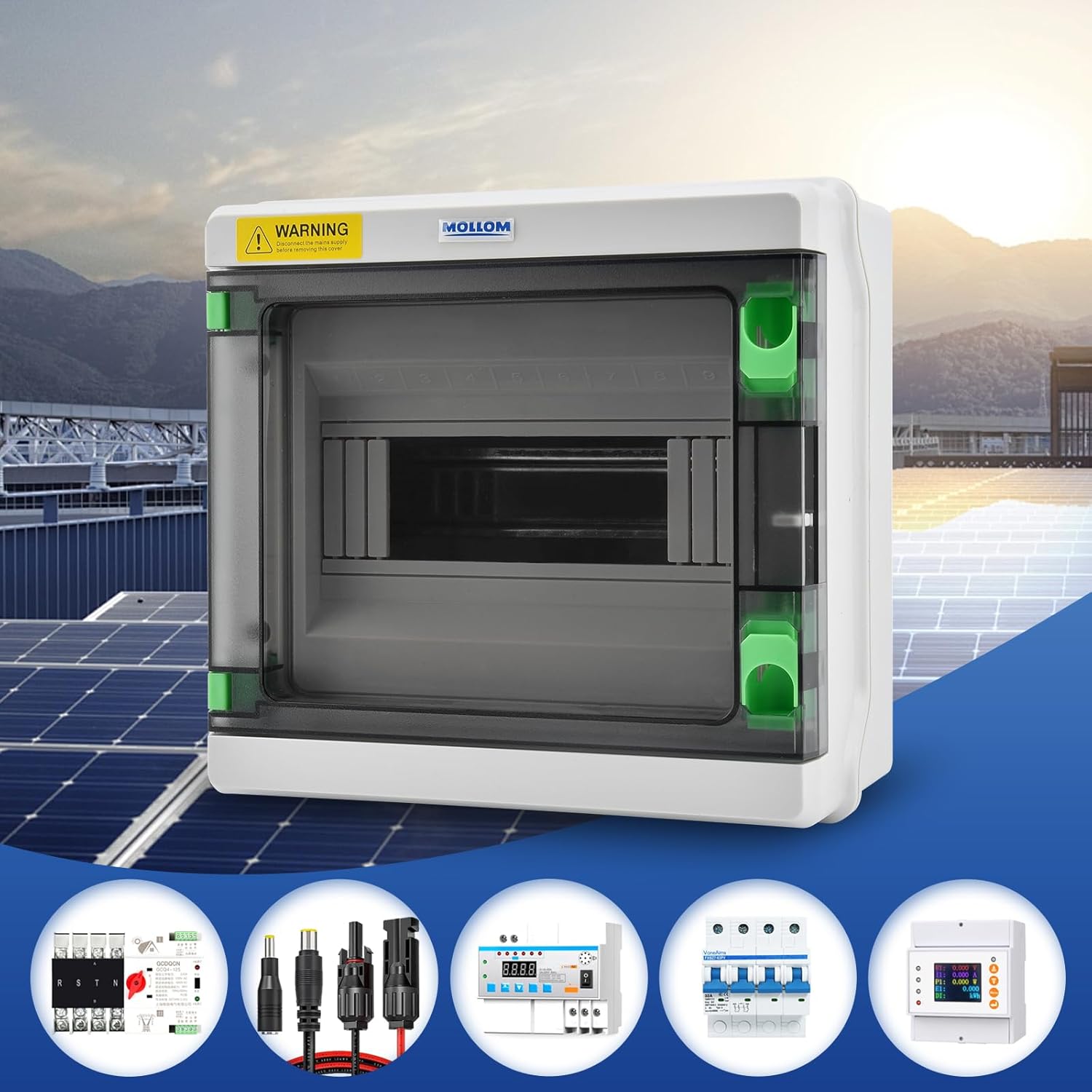 Mollom 12 Way HA Series Power Distribution Box with Bus Bars and Din Rail for Miniature Circuit Breaker MCB,Waterproof IP66,Solar Power Distribution Panel for Indoor and Outdoor Use