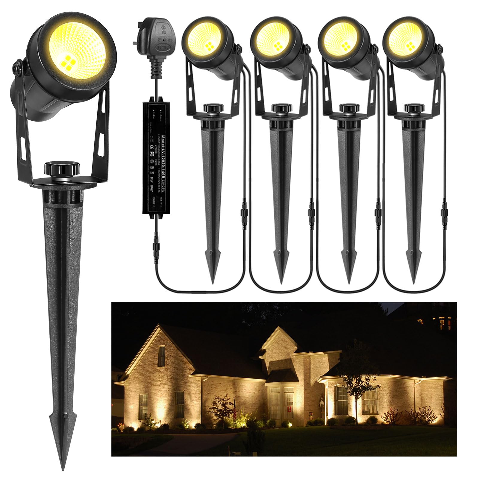 Garden Spike Lights, Extendable Garden Lights Mains Powered 12V Low Voltage Landscape Spotlights IP65 Waterproof Outdoor Garden Uplights for Wall Trees Shrubs(4 Pack, Warm White) [Energy Class F]