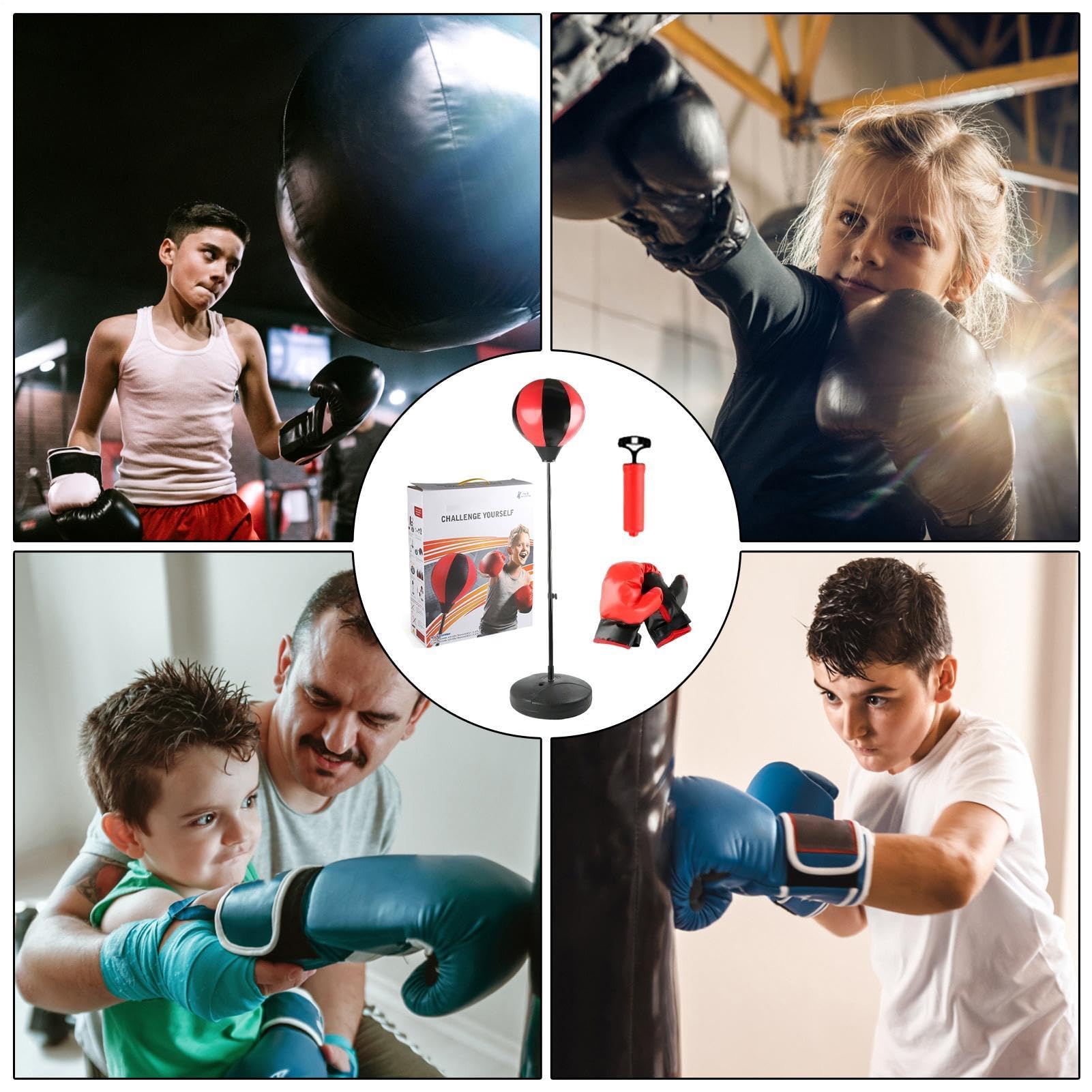 Stazione di boxe - Sacco da boxe regolabile in altezza per bambini, guanti imbottiti robusti, set di allenamento in pelle PU | Adolescenti allenamento di stress attrezzatura sportiva per esercizi