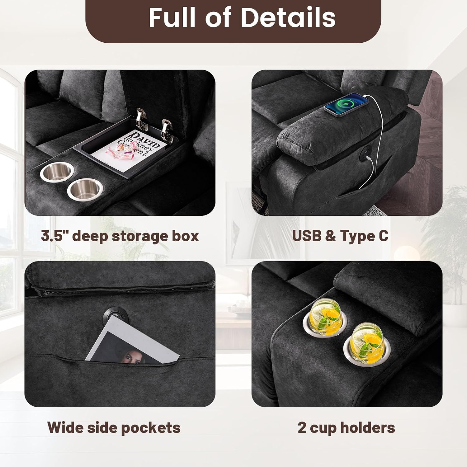 Power Reclining Loveseat with Console, Electric Double Recliner with USB/Type C/Side Pocket/Cup Holders, RV Recliners Wall Hugger Reclining Loveseat for Living Room & RV & Home Theater