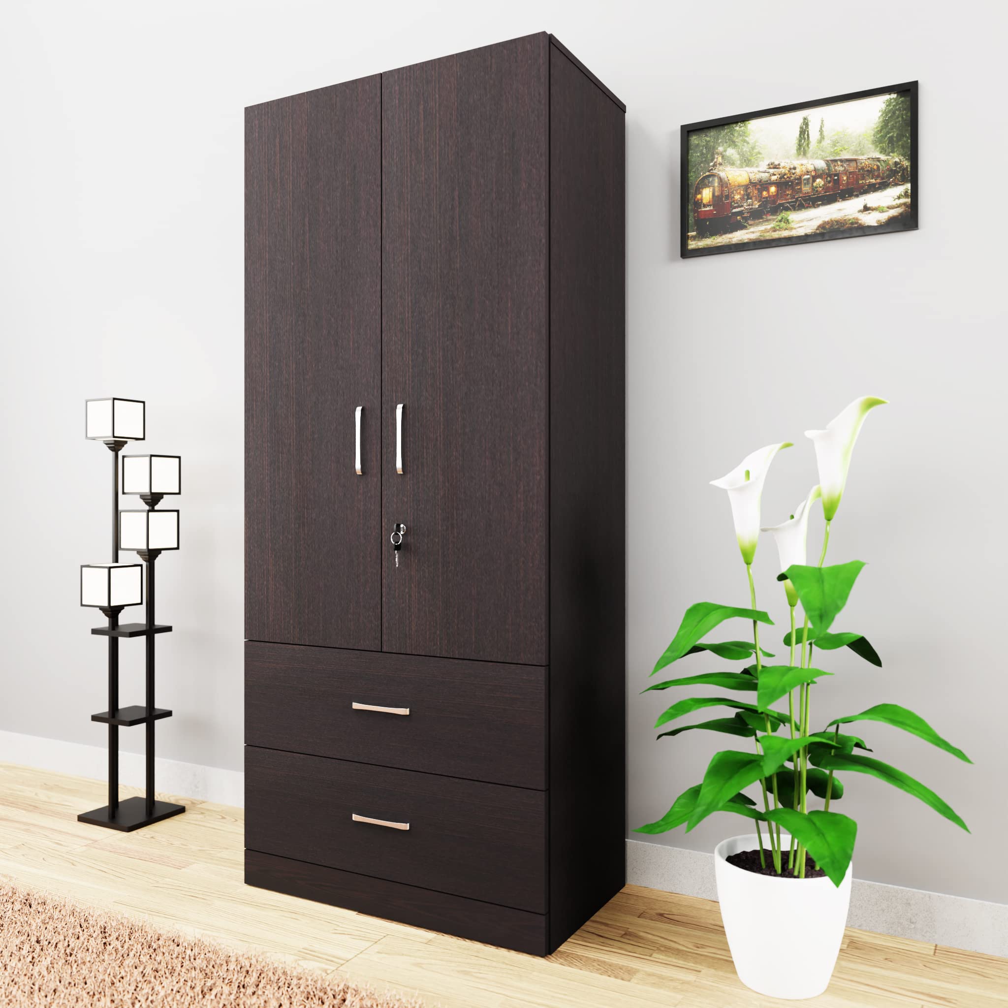 VIKI Wardrobe | Wooden Almirah for Clothes,Door for Bedroom, 2 Door Wardrobe with Drawer & Hanging Space (Dark Wenge - 40D x 80W x 180H) | 1 Year Warranty | Free Assembly