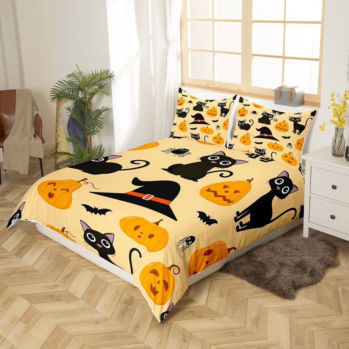 CLOXKS Housse De Couette 140x200 Halloween Hibou Chauve-Souris, Design D'impression Doux Parure De Lit En Microfibre 1 Personne Avec Fermeture éclair Et 1 Taie D'oreiller 65x65 Cm