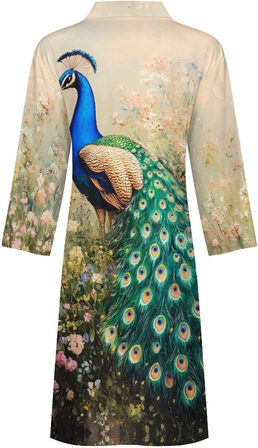 Beautiful Peacock Mens Robe Long Bathrobe for Women Bath Robes Lightweight Soft Printed Sleepwear