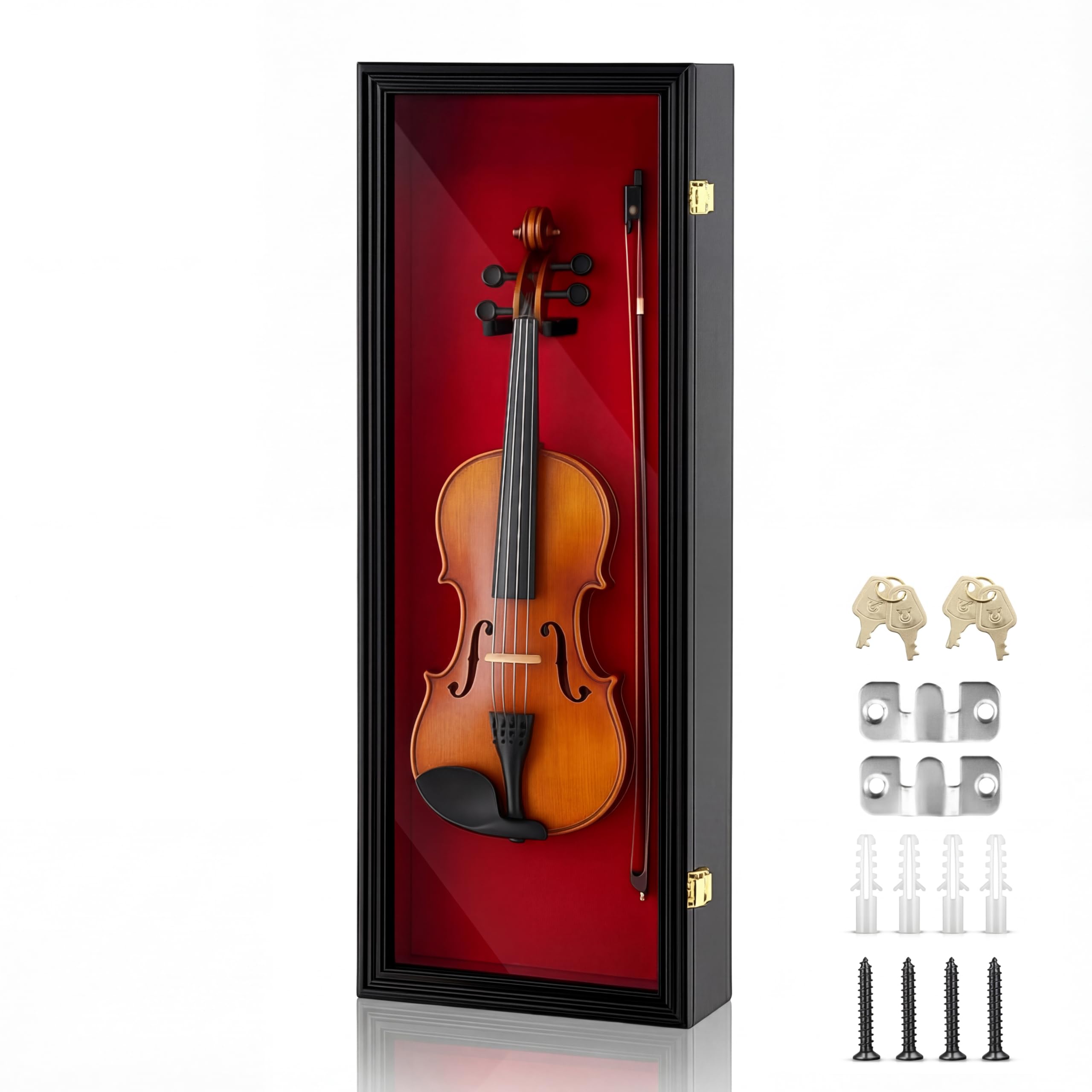 Silipull Espositore per violino da 33,25 '' con supporto per archetto e serratura per violino Supporto da parete per chitarra, violino, ukulele, con porta trasparente in acrilico per regalo natalizio