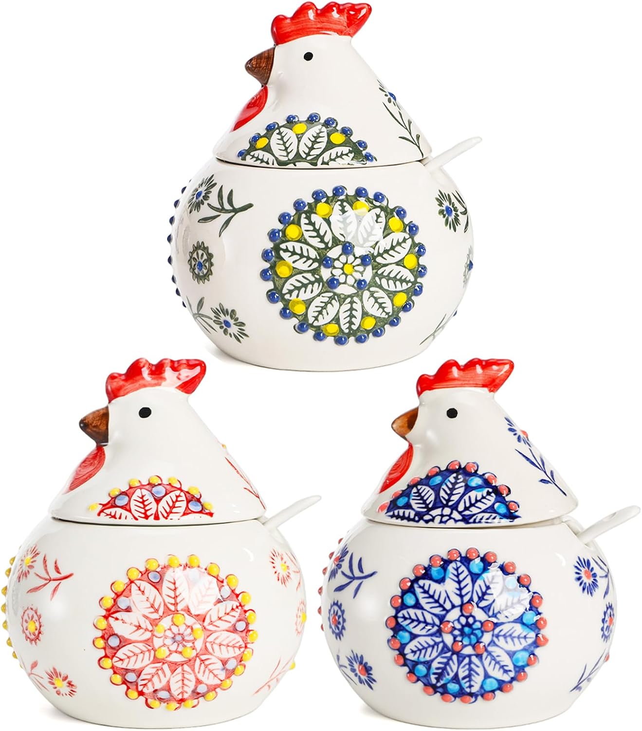 Dicunoy 3 Pack Ceramic Salt Sugar Containers, Large 13 OZ Chicken Salt Cellars with Lids and Spoons, Farmhouse Style Sturdy Condiment Jars for Serving, Home, Kitchen Countertop