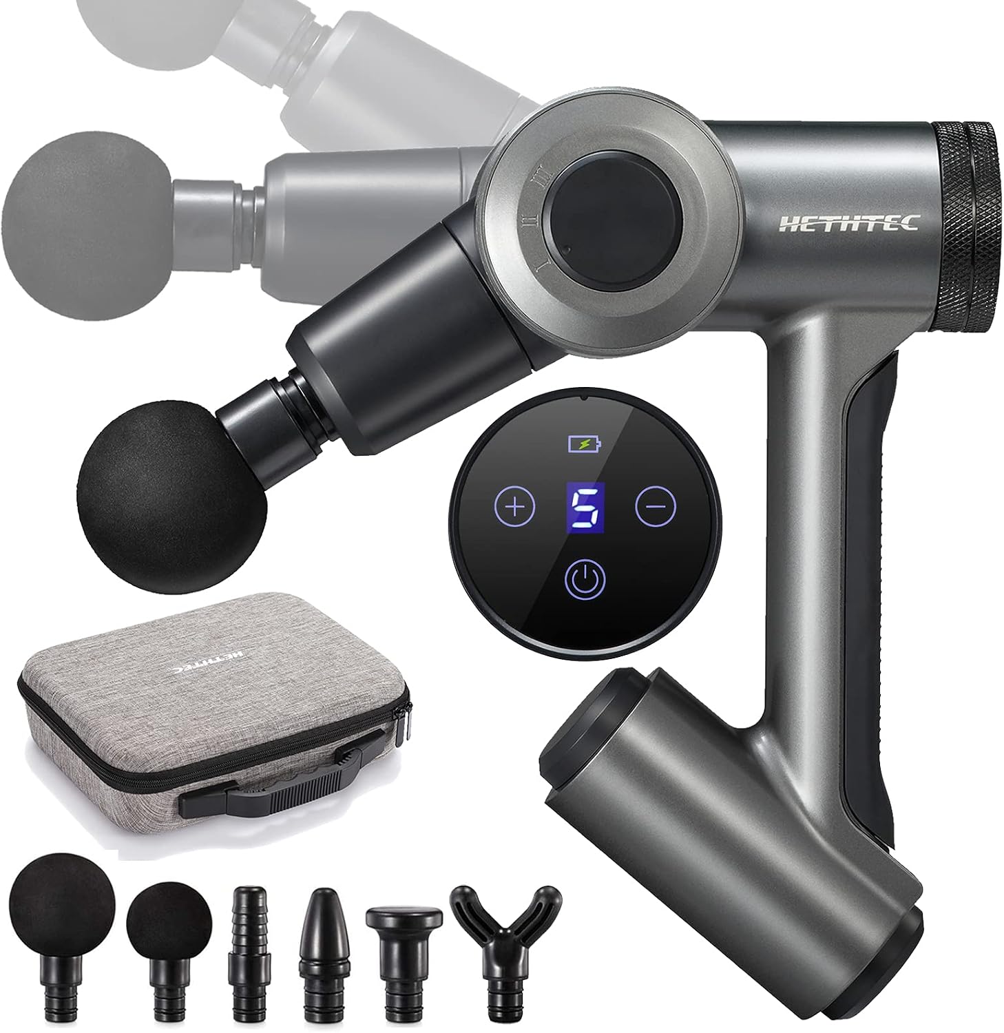 hethtec Massage Gun Deep Tissue, Handheld Muscle Massager for Pain Relief with Adjustable Arm, Ultra-Quiet Brushless Motor, LCD Touch Screen, Long Battery Life, Includes 6 Massage Heads