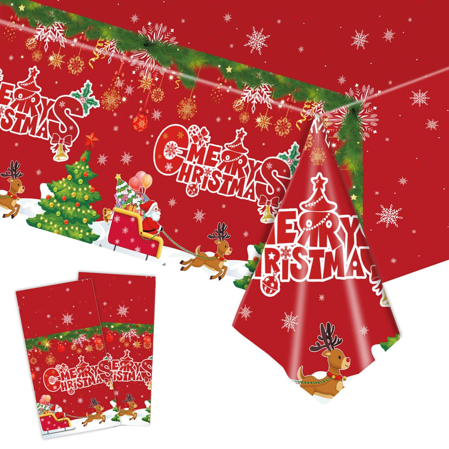 2 Pack Plastic Christmas Table Cloth Rectangular 54 x 108 inch Large Disposable Christmas Table Cloth Red Table Cover Christmas Party Tablecloth Xmas Table Cloth for Kids Christmas Party Decorations