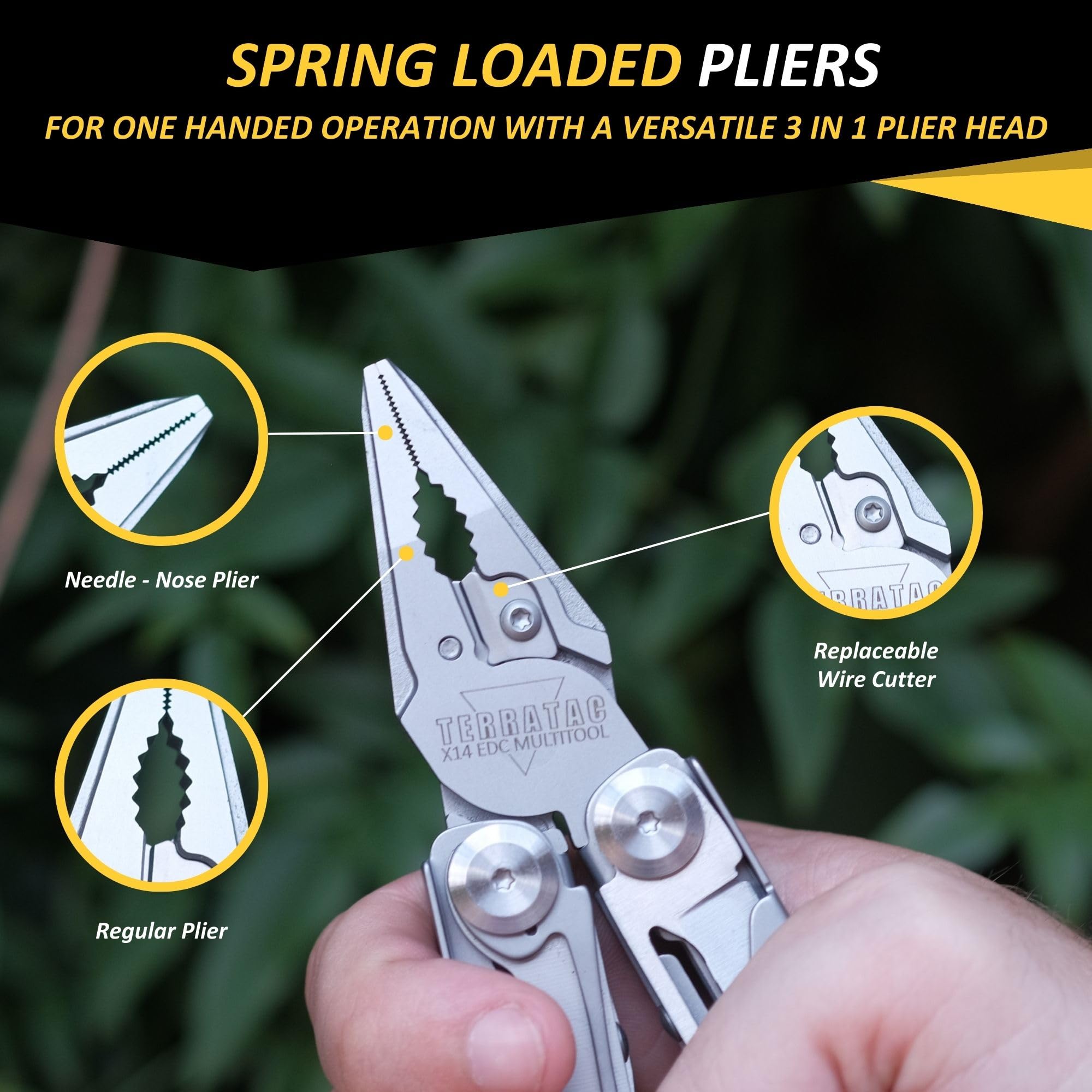 TerraTAC X14 Stainless Steel Multitool, with 14 Tools, Spring