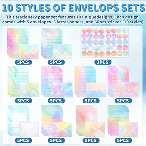 Miniatura 5 de Juego de papel de papelería de 160 piezas, incluye 50 sobres a juego, 50 papeles de escritura de papelería de un lado, 60 calcomanías de punto