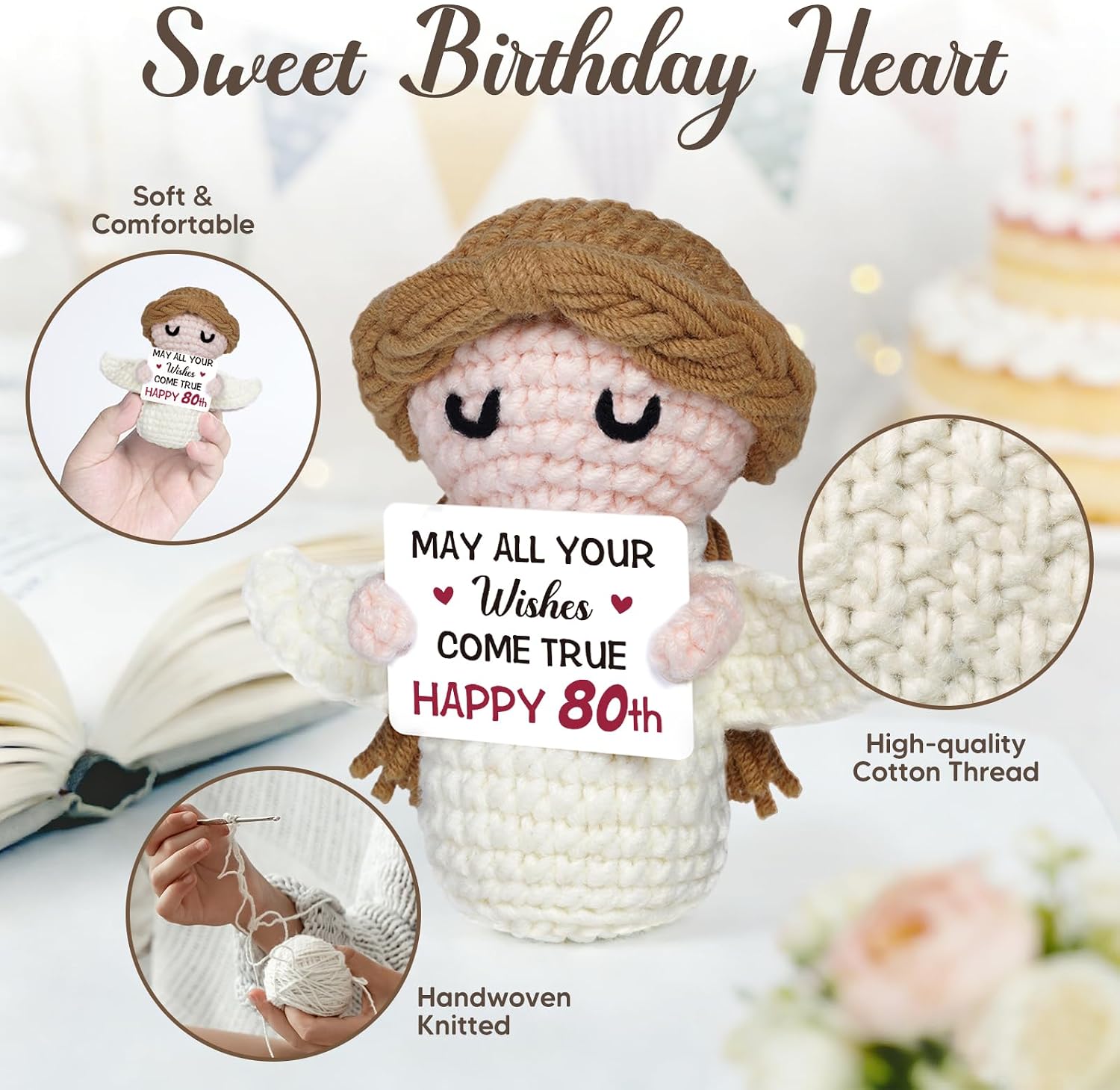 80th Birthday Gifts for Women Men, 1946 80th Birthday Decorations, Happy 80 Year Old Gifts for Family Friends - Handmade Positive Angel Crochet Doll image 5