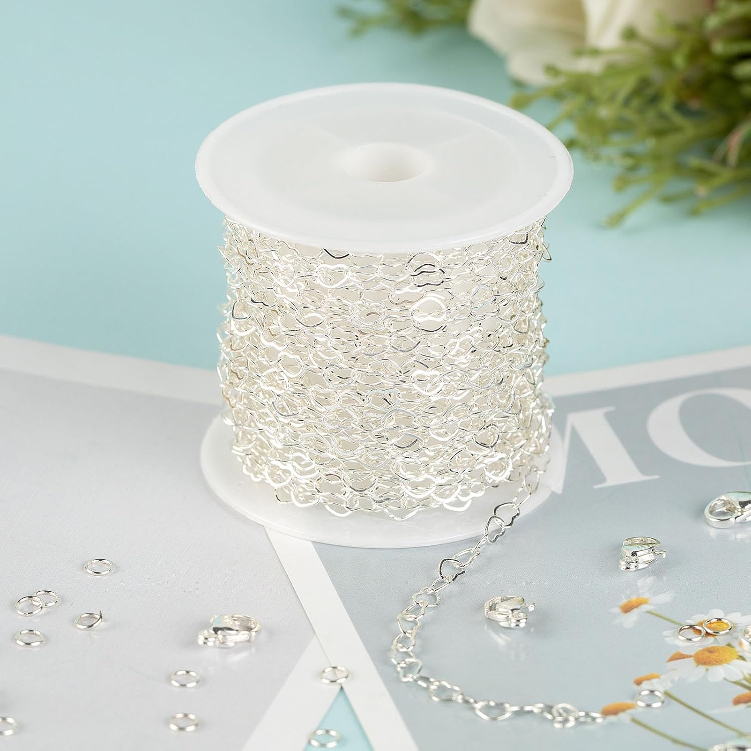 KYUNHOO 16.4 Feet/5M Silver Heart Necklace Chains for Jewelry Making Solid Copper Chain Bulk Heart Cable Link Chain Roll with Jump Rings and Lobster Clasps Jewelry Supplies Findings - Image 6