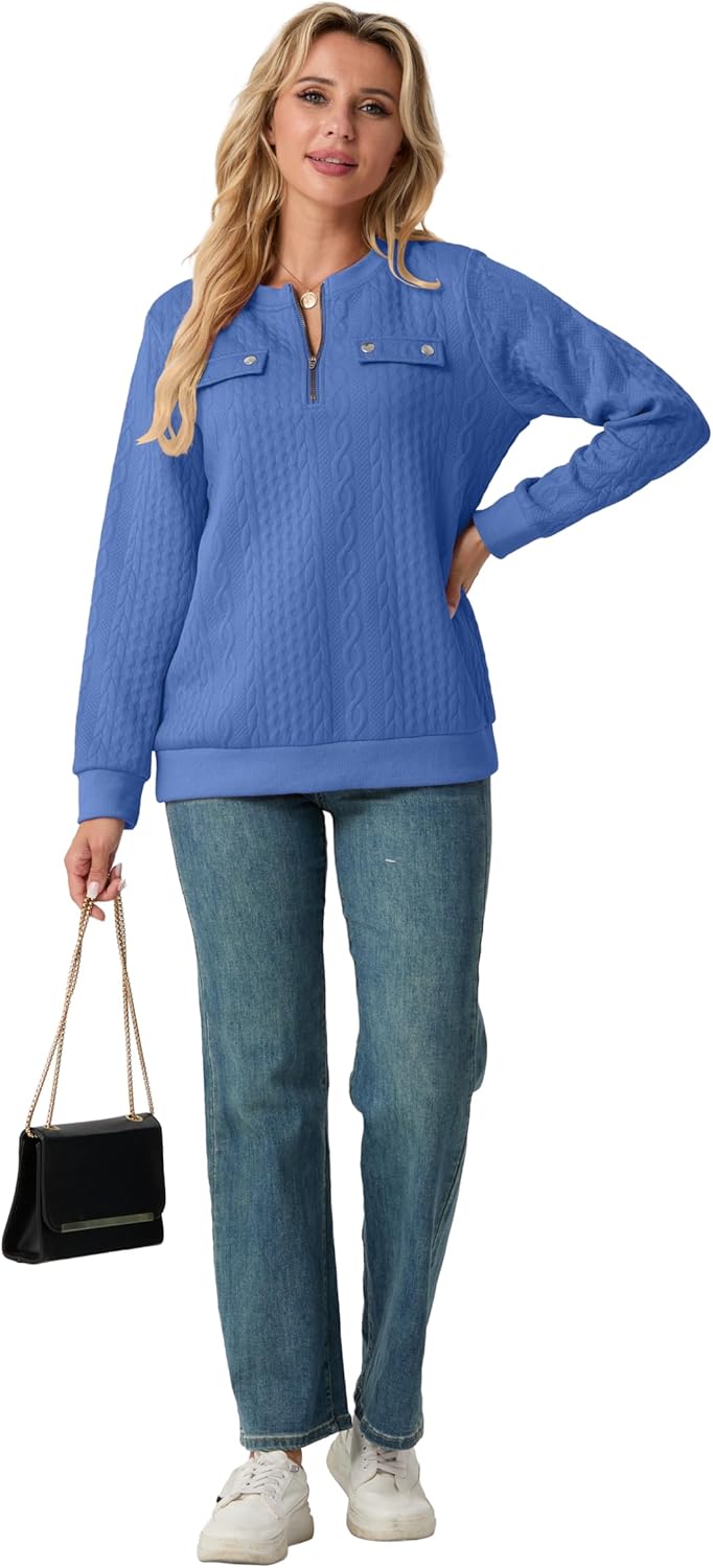 Womens Sweatshirts Casual Crew Neck Long Sleeve Quarter 1/4 Zip Quilted Pullover Lightweight Textured Solid Fall Tops - Image 4