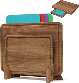 Set of 7 Large Acacia Wood Cutting Boards set,2-in-1Charcuterie Chopping Board & Butcher Block for Kitchen with Holder,Juice Groove,4 Color-Coded Plastic Cutting Boards for Meat,Vegetables and Cheese