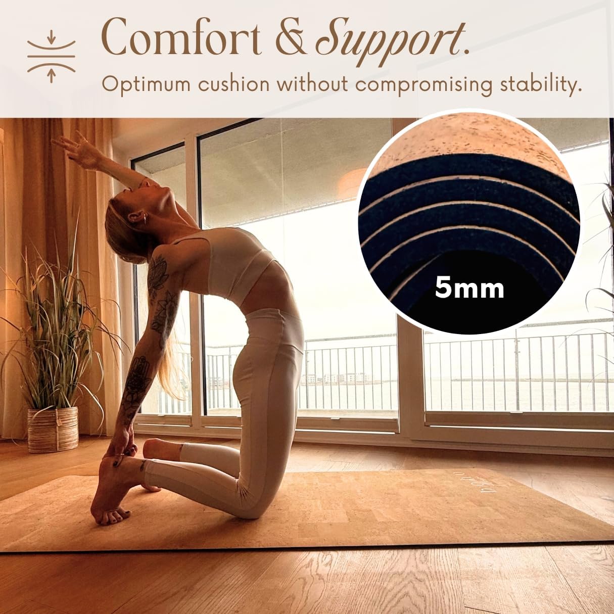 Deluxe Cork Yoga Mat – Gold, Coffee or Vegan Leather Cork Surface & Natural Rubber Base – Premium Natural & Eco Friendly Materials – Includes Signature Handmade Boho Bag