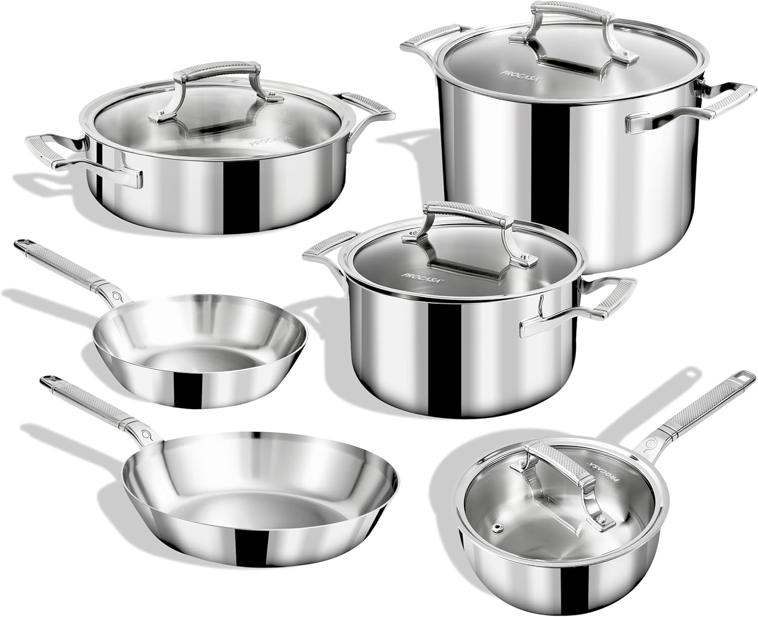 10-Piece Triply Stainless Steel Cookware Set - Fully Clad Pots and Pans Set with 8 Qt Pasta Pot, Saute, Saucepan, Frying Pan - Non Toxic Cookware - Induction, Dishwasher & Oven Safe